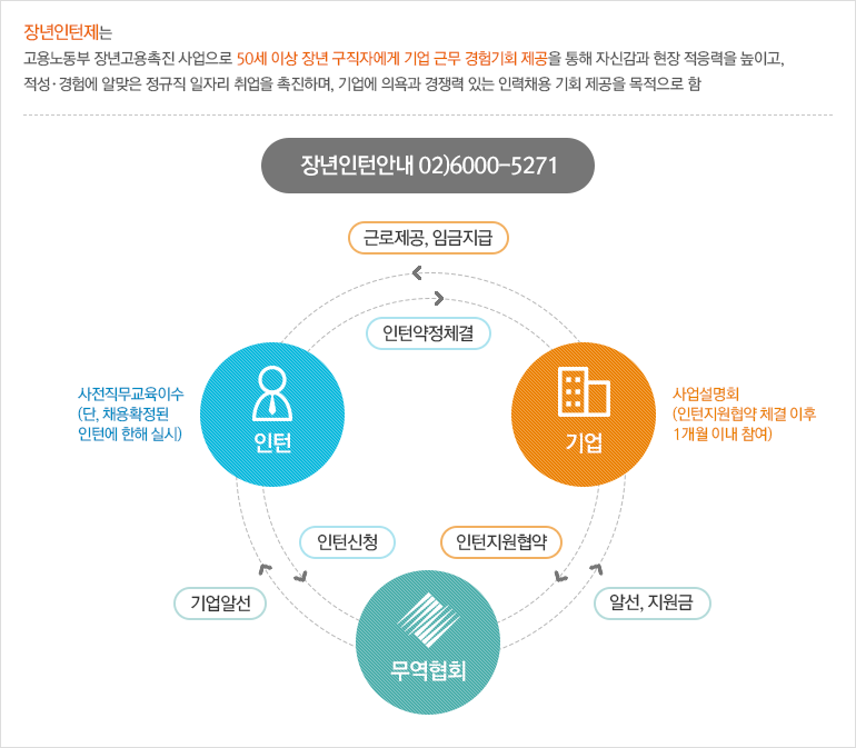 장년인턴제는 고용노동부 장년고용촉진 사업으로 50세 이상 장년 구직자에게 기업 근무 경험기회 제공을 통해 자신감과 현장 적응력을 높이고, 적성·경험에 알맞은 정규직 일자리 취업을 촉진하며, 기업에 의욕과 경쟁력 있는 인력채용 기회 제공을 목적으로 함